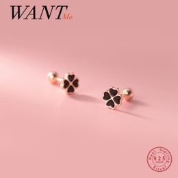 Stud WANTME Genuine 925 Sterling Silver Chic Black Zircon Four-leaf Clover Spiral Bead Stud Earrings for Women Party Wedding Jewelry 230620