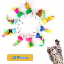 pawstrip 12Pcs/pack Soft Fleece False Mouse Cat Toy Colourful Feather Funny Cat Toys for Kitten Interactive Toys Cat Supplies