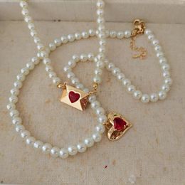 Pendant Necklaces Red Cz Stone Heart Envelope Necklace For Women Pearl Beaded Y2k Jewellery Cute Kawaii 2000s Aesthetic Fashion