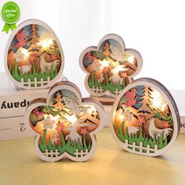 New 2023 Wooden Easter LED Night Light Easter Decoration For Home Rabbit Eggs Flower Ornaments Lamp Kids Gift Favors Party Supplies