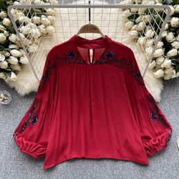 Women's Blouses Spring Summer Lantern Sleeves Shirt Loose Embroidery Small Retro Bohemian Ethnic Top