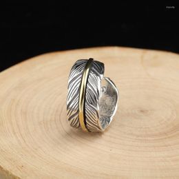 Cluster Rings S925 Sterling Silver Feather Ring Men's Fashion Personality Vintage Open Hip-hop