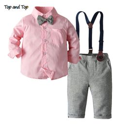 Clothing Sets Top and Top Fashion Kids Boys Gentleman Clothes Set Long Sleeve Bowtie ShirtSuspender Pants Casual Outfit Boy Tuxedo Suit 230620