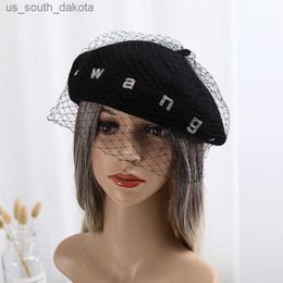 Women Fashion Winter Beret English Letter Sexy Netting Black Hats French Artist Warm Beanie Ladies All Match boina mujer L230523