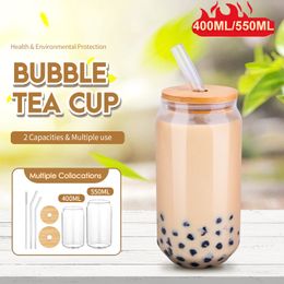Mugs 550ml400ml Glass Cup With Lid and Straw Transparent Bubble Tea Juice Beer Can Milk Mocha Cups Breakfast Mug Drinkware 230621