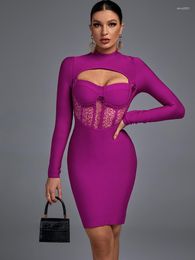 Casual Dresses Lace Bandage Dress 2023 Women Long Sleeve Bodycon Elegant Sexy Cut Out Evening Party Summer Club Outfits