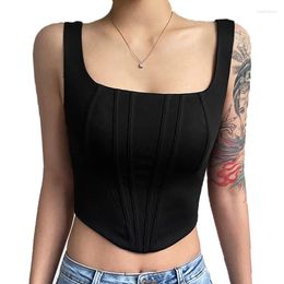 Women's Tanks Women's Sleeveless Corset Crop Tank Top Slim Fishbone Waist Slimming Short Summer Sexy Square Neck Low Cut Tight Bottoming