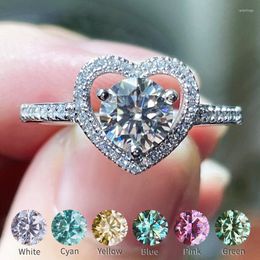 Cluster Rings Luxury 1CT Moissanite Ring For Women Love Heart Design 6.5MM Blue Green Pink Yellow Gem S925 Sterling Silver