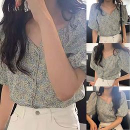 Women's Blouses Retro Small Floral Single Breasted Puff Sleeve Bottom Shirt Tie Front Tops For Women Banded Shirts Pocket Size