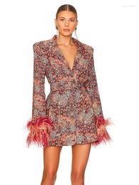 Casual Dresses Women Winter Sexy Long Sleeve V Neck Floral Blazer Dress Ostrich Feather High Street Celebrity Printed Office Lady