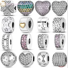 For pandora charms sterling silver beads bead White Zircon CZ Heart Engraved Silver Clip charmes ciondoli