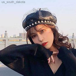 Fashion PU leather beret hat retro mesh black beret pearl painter hat net red same octagonal hat L230523