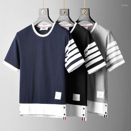 Men's T Shirts Summer Fashion Men's T-shirt Half Sleeved Four Bar Striped Pure Cotton Round Neck Short Casual Trendy Men