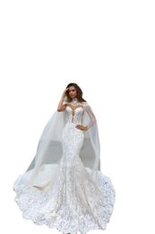 Crystal Design Luxury Mermaid Wedding Dresses With Cape Top Quality Lace Applique Sweep Train Sweetheart Neck Wedding Gown Vestidos De Novia