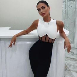 Casual Dresses Bandage Dress Women's Summer 2023 Black And White Bodycon Sleeveless Mesh Insert Sexy Party Evening Club Outfits