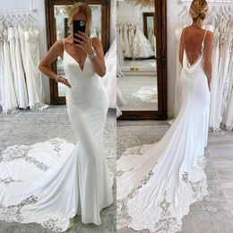Dresses Elegant Mermaid Spaghetti Satin Wedding Dress with lace sweep train Appliques Backless wedding bridal gowns
