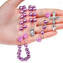 Pendant Necklaces Rose Flower Rosary Religious For Women Jewelry Gift