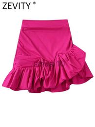 Skirts Zevity Women Fashion Solid Colour Pleated Ruffles Asymmetrical Ball Gown Skirt Faldas Mujer Female Zipper Slim Vestidos QUN1544 J230621