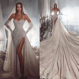 Modern Strapless Mermaid Wedding Dress Simple Lace High Split Arabic Trumpet Sweep Train Bridal Gowns Robe De Soiree