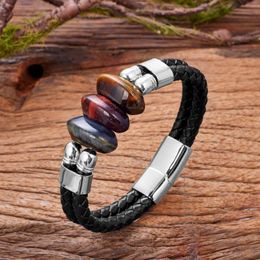 Charm Bracelets Multi-layer Genuine Leather Natural Tiger Eye Men's Stone Jewelry Stainless Steel Buckle Bracelet For Man Women