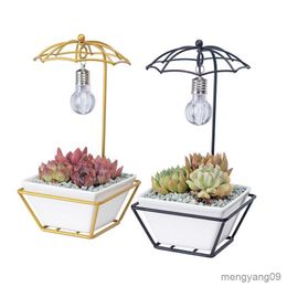 Planters Pots Umbrella Shape Iron Frame Light Bulb Decoration Home Ceramic Flower Pot Iron Plant Holders Succulents Planter R230621