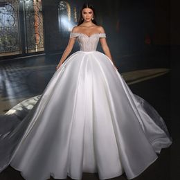 Branco fora do ombro beading vestido de noiva lantejoulas plissado cetim vestidos de noiva plus size princesa vestidos de casamento 326 326