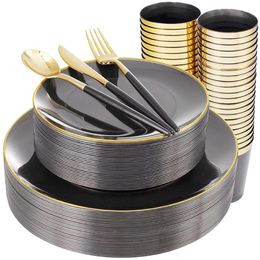 Disposable Take Out Containers Cutlery Transparent Black Plastic Plate Gold Edge Silverware Cup Set Suitable for 10 P 230620