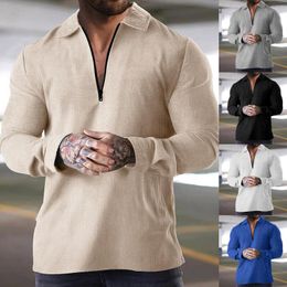 Men's T Shirts Men Casual Soild Zipper Top Shirt Turn Down Collar Blouse Long For Pack Tall Sleeve Spandex