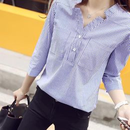 Women's T Shirts 2023 Spring And Autumn Han Fan Women's V-neck Long-sleeved Shirt Blue White Vertical Striped Seven-point S