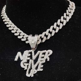 Pendant Necklaces Men Women Hip Hop Never Give Up Necklace 13mm Crystal Cuban Chain Hiphop Iced Out Bling Fashion Charm Jewelry 230613