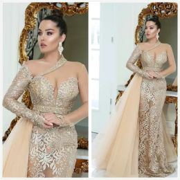 Luxurious Lace Sparkly Mermaid Evening Arabic Sheer Long Sleeves Beaded Prom Dresses Vintage Formal Party Gown