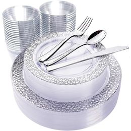 Disposable Take Out Containers 60 Pcs Tableware 7.5in and 10.25in Silver Lace Plastic Plate Silverware Cup Wedding Party Supplies 230620