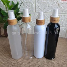 Wholesale cosmetic four colour 250ml clear/amber/frosted plastic bottles with bamboo wood lid spray /lotion/pump capgoods Vogto
