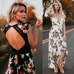 Casual Dresses 2023 Summer Dress Women Floral Print Sexy Deep V Neck White Backless Asymmetrical Lace Ladies Vestido De Mujer