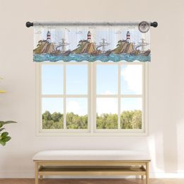 Curtain Retro Illustration Lighthouse Sailing Ship Short Half-Curtain For Kitchen Door Drape Cafe Small Window Sheer Curtains