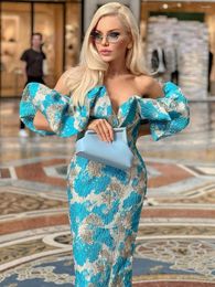 Casual Dresses Jacquard Evening Party Dress Women Blue Bodycon Elegant Sexy Midi Off Shoulder Brithday Club Outfits 2023 Summer