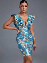 Casual Dresses Jacquard Ruffle Party Dress Women Blue Bodycon Elegant Sexy Midi Backless Evening Club Outfits 2023 Summer Fashion