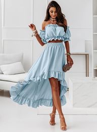 Two Piece Dress Summer Sexy Short-sleeved Women Suit Solid Fashion Slash Neck Show Waist Puff Sleeve Short Top Long Skirt Two Piece Suit 230620