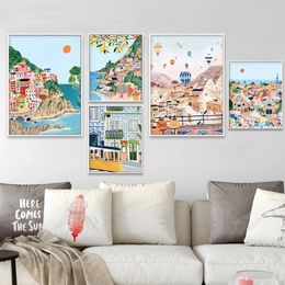 Urban Landscape Canvas Painting Modern Famous City Tourism Wall Art Poster Cartoon Turkey Italy Portuguese Landscape Painting Living Room Home Decoration w01