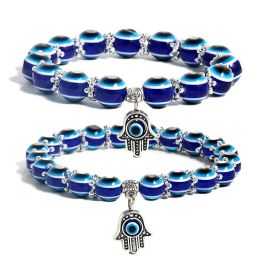 Newest Fashion Evil Blue Eye Hamsa Hand Strands Bracelet for Women Men Elastic Acrylic Lucky Turkish Beads Bracelets Couple