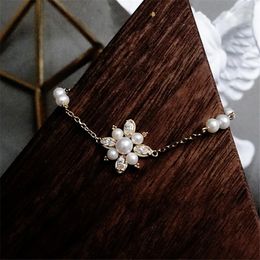 Charm Bracelets Vintage Female White Pearl Bracelet Gold Silver Colour Chain For Women Cute Crystal Snowflake Wedding