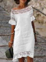 Casual Dresses 2023 Summer Retro Loose Midi White Dress For Women Lace Patchwork Off Shoulder Ruffle Sleeve Cotton Vestidos