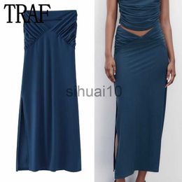 Skirts TRAF Ruched Long Skirts For Women Fashion 2023 Nvay Blue High Waist Skirt Woman Summer Midi Slit Skirt Elegant Women's Skirts J230621