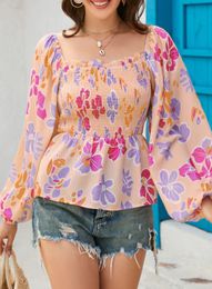 Floral Smocked Tops Ladies Long Sleeve Peplum Blouses Elegant for Women