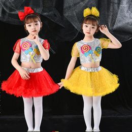 Stage Wear June 1 Children's Day Costumes Sequin Latin Dance Skirt Lollipop Jazz Gauze Dress Red Performance Cloths