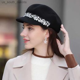 French new style hat lady autumn winter beret hat top hat British pumpkin hat Woollen hat fashion rhinestone wool felt hat L230523