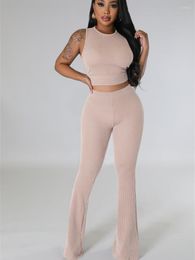 Women's Two Piece Pants Knit Ribbed Tracksuit Women 2 Set Outfits Summer Clothing Sleeveless Open Side Tank Top And Flare Suit Woman