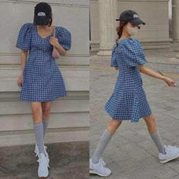 Casual Dresses Thousand Bird Case Bubble Sleeve Dress Female Summer French Retro V Collar Waist Show Thin Temperament A Word Short Skirt