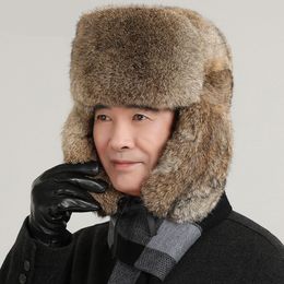 Men's Real Rabbit Fur Hat Russian Ushanka Hunter HatTrapper Cap Winter Warm Hunter Aviator Hat