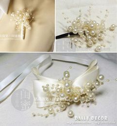 Decorative Flowers 3pcs / Lot ! Pearl Wedding Accessory Suit ( Bridal Headdress Flower Groom Boutonniere Wrist )